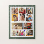 10 Foto Moderne Sterne Stilvolle Grüne Bezeichnung Puzzle<br><div class="desc">10 Foto Modern Stars Das stilvolle Jigsaw Puzzle mit 10 Lieblingsbildern für ein einfaches und schnelles Arbeiten und eine eigene Foto-Collage. Personalisieren Sie sich mit Ihrem Namen und umgeben von einem einfachen Sternmuster auf grünem Hintergrund. Macht ein perfektes Geschenk für Weihnachten, Geburtstage, Muttertag, Schwestern, beste Freunde und mehr. Entworfen von...</div>