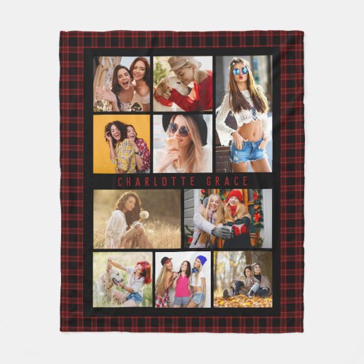 10 Foto Moderne Trendy Red Kariert Stylish Name Fleecedecke (Vorderseite)