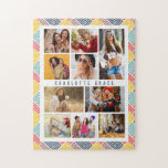 10 Foto Moderner farbiger Abstrakter geometrischer Puzzle<br><div class="desc">10 Foto Moderne Abstrakte Geometrische Bezeichnung Jigsaw Puzzle bietet zehn Ihrer Lieblingsfotos für ein einfaches und schnelles DIY Hinzufügen Ihrer eigenen Foto-Collage. Personalisieren Sie mit Ihrem Namen und umgeben von einem farbenprächtigen abstrakten geometrischen Muster. Macht ein perfektes Geschenk für Weihnachten, Geburtstage, Muttertag, Schwestern, beste Freunde und mehr. Entworfen von ©...</div>