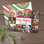 10 FotoCollage - Frohe Weihnachten Retro Streifen<br><div class="desc">Tief grünes und rotes Retro-Streifen-Muster — Verwenden Sie 10 quadratische Fotos und machen Sie einen einzigartigen und trendigen Frohen Weihnachtsgrüßen mit einem rustikalen,  modernen Drehbuch vorne und einem festlichen Line Art-Muster auf der Rückseite. Wenn Sie etwas bewegen möchten,  klicken Sie auf die Schaltfläche Anpassen,  um Änderungen vorzunehmen.</div>