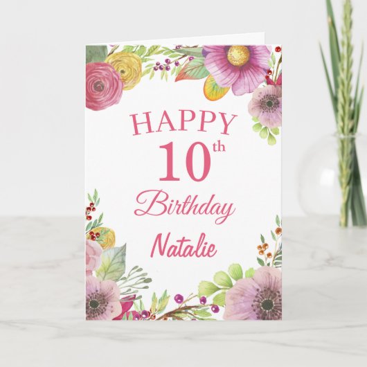 10. Geburtstag Aquarellfarben Blume Rosa Karte (Vorderseite)