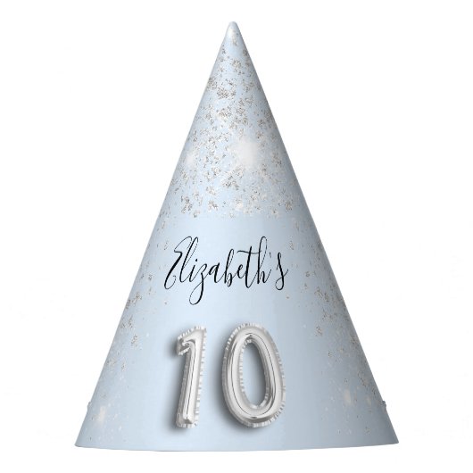 10. Geburtstag Baby Blue Silber Glitzer Staub Name Partyhütchen (Vorderseite)