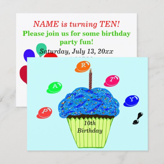 10. Geburtstag Blue Green Cupcakes Party Einladung (Vorne/Hinten)