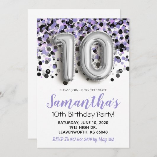 10. Geburtstag Confetti Einladung (Vorne/Hinten)