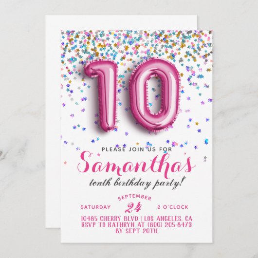 10. Geburtstag Confetti Einladung (Vorne/Hinten)