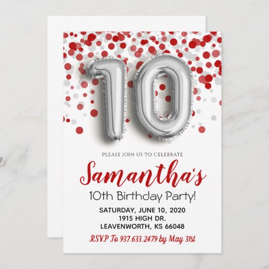 10. Geburtstag Confetti Einladung (Vorne/Hinten)