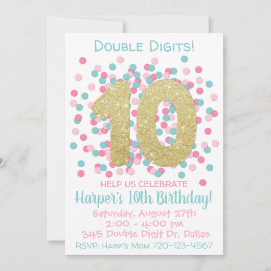 10. Geburtstag Einladung Doppel-Ziffern Geburtstag (Vorderseite)