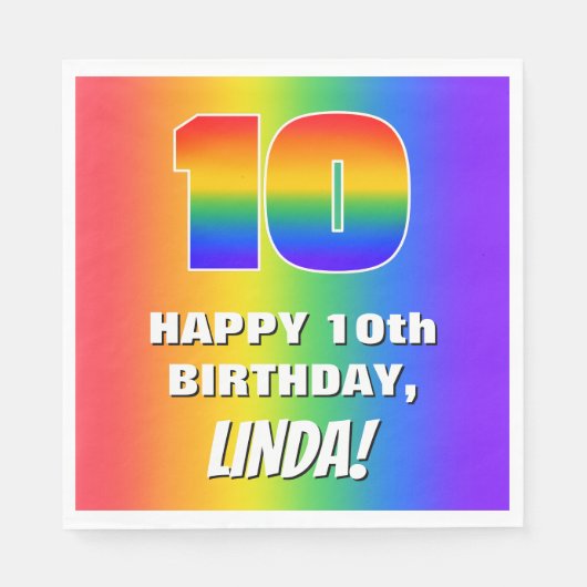 10. Geburtstag: Farbiges, lustiges Regenbogenmuste Serviette (Vorderseite)