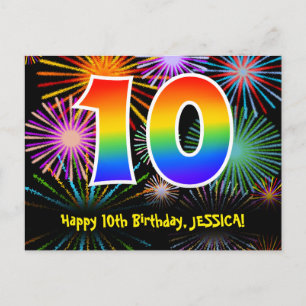 10. Geburtstag - Fun Fireworks Pattern + Regenboge Postkarte