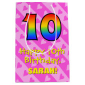 10. Geburtstag: Fun Pink Hearts Streifen; Regenbog Mittlere Geschenktüte (Vorderseite)