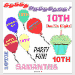 10. Geburtstag Girl Balloons Cupcake Vinyl Aufkleber