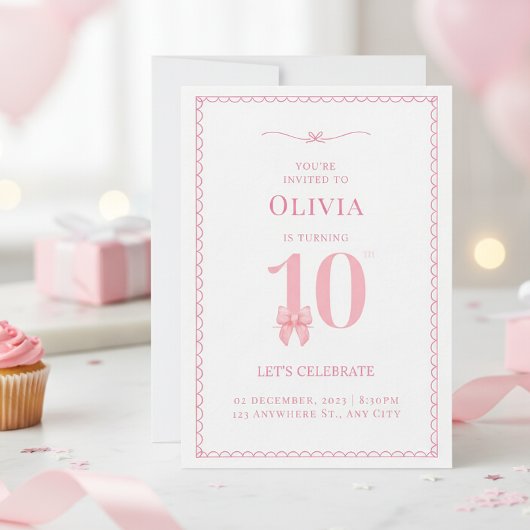 10. Geburtstag Girl Pink Bow Einladung