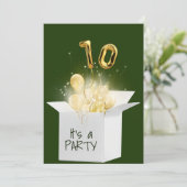 10. Geburtstag Gold Ballons in weißer Box Einladung (Stehend Vorderseite)