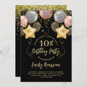 10. Geburtstag Gold Glitzer Confetti Balloons Blac Einladung (Vorne/Hinten)