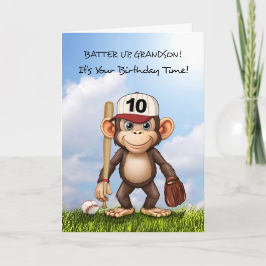 10. Geburtstag Grandson Baseball Monkey Bat Ball Karte (Vorderseite)