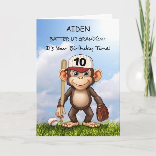 10. Geburtstag Grandson Personalize Baseball Affe Karte (Vorderseite)