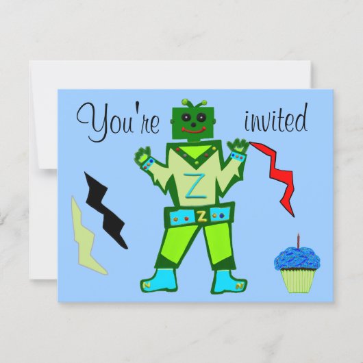 10. Geburtstag Grüner Roboter und Raumschiff Stern Einladung (Vorderseite)