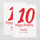 10. Geburtstag Hinzufügen Name Datum Jahr rote Vor Einladung (Vorne/Hinten)