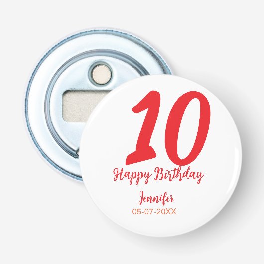 10. Geburtstag Hinzufügen Name Datum Jahr rote Vor Flaschenöffner (Vorderseite)