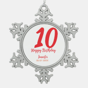 10. Geburtstag Hinzufügen Name Datum Jahr rote Vor Schneeflocken Zinn-Ornament