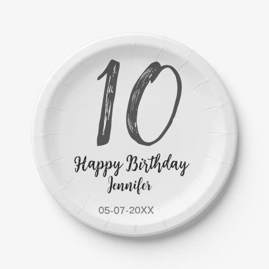 10. Geburtstag hinzufügen Name Datum Jahr schwarze Pappteller (Vorderseite)