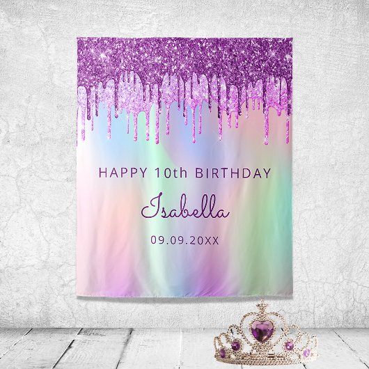 10. Geburtstag lila rosa glänzendes holografisches Wandteppich