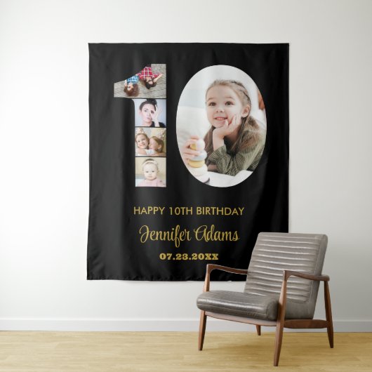 10. Geburtstag Nummer 10 FotoCollage Modernes Schw Wandteppich (Beispiel)
