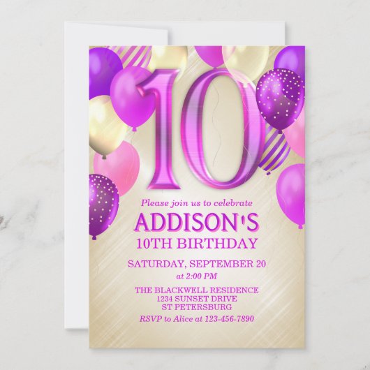 10. Geburtstag Pink Balloons Einladung (Vorderseite)