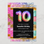 10. Geburtstag Regenbogen Glitzer buntes Party Einladung (Vorne/Hinten)