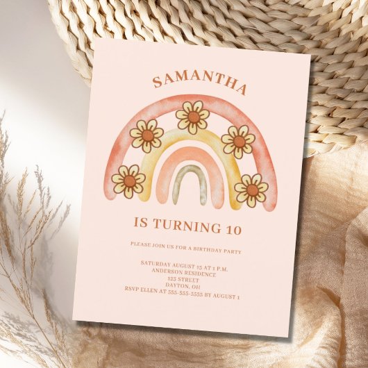 10. Geburtstag Retro Boho Rainbow Einladung Postkarte