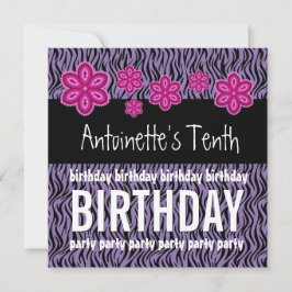 10. Geburtstag Rosa Blume und Lila Zebra A07 Einladung