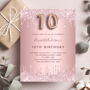 10. Geburtstag rosa staubige Rose Glitzer Tropfen Einladungspostkarte