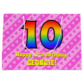 10. Geburtstag: Rosa Streifen & Herz, Regenbogen # Große Geschenktüte (Vorderseite)
