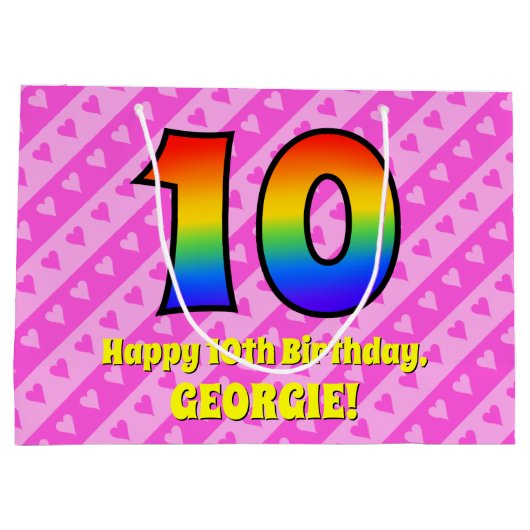 10. Geburtstag: Rosa Streifen & Herz, Regenbogen # Große Geschenktüte (Rückseite)