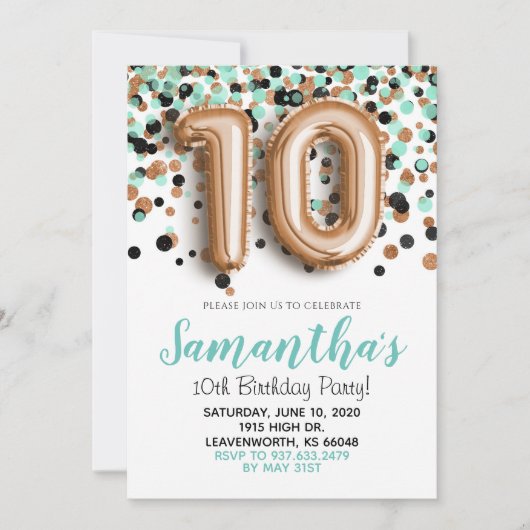 10. Geburtstag Rose Gold Mint Confetti Einladung (Vorderseite)