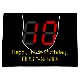 10. Geburtstag: Rote Digitaluhr-Art "10" + Name Große Geschenktüte