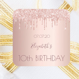 10. Geburtstag Schwarze Rose Gold Tropfen Name Quadratischer Aufkleber