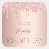 10. Geburtstag Schwarze Rose Gold Tropfen Name Quadratischer Aufkleber (Vorderseite)