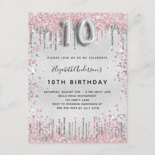 10. Geburtstag silber pink Metall Glitzer Staub Einladungspostkarte