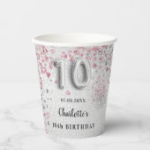 10. Geburtstag Silberrosa Glitzer-Staubmonogramm Pappbecher (Vorderseite)