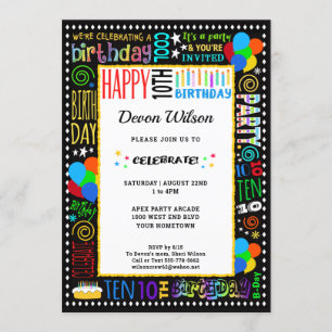 10. Geburtstag Spaß Farbe verrückter Text auf schw Einladung