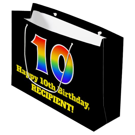 10. Geburtstag ~ Spaß, farbenfroh, lebhaft, Regenb Große Geschenktüte (Vorderseite Schrägansicht)