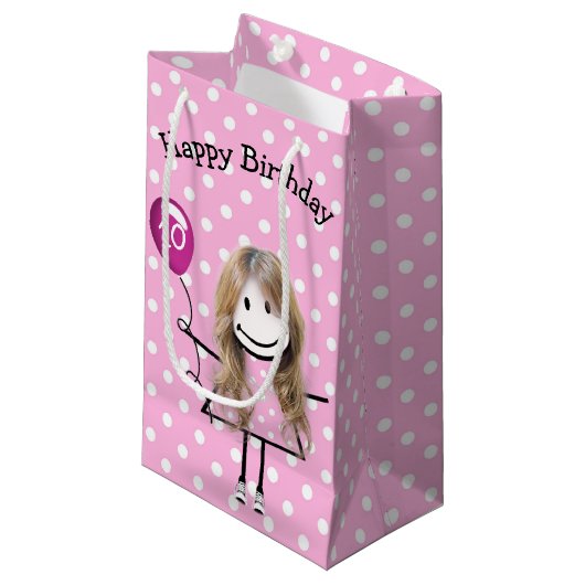 10. Geburtstag Strichfigur-Mädchen mit Pink Balloo Kleine Geschenktüte (Vorderseite Schrägansicht)