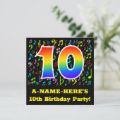 10. Geburtstagsfeier: lustige Musiksymbole, Regenb Einladung (Stehend Vorderseite)