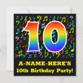 10. Geburtstagsfeier: lustige Musiksymbole, Regenb Einladung (Vorderseite)