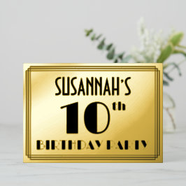 10. Geburtstagsparty — Art Deco Look "10" + Name Folieneinladung