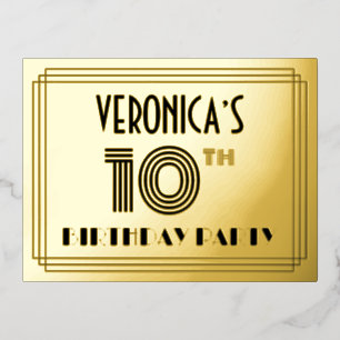 10. Geburtstagsparty ~ Art-Deco-Stil "10" + Name Folie Einladungspostkarte