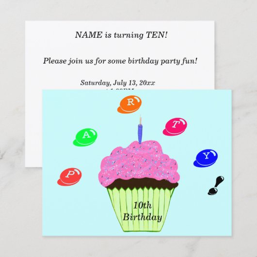 10. Geburtstagsparty Candy Bits Cupcake Einladung (Vorne/Hinten)