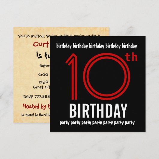 10. Geburtstagsparty Moderne Rot und Schwarz Einladung (Vorne/Hinten)