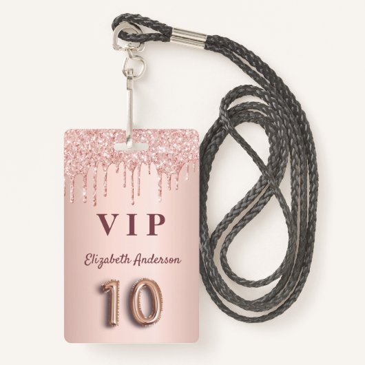 10. Geburtstagsparty Rose Gold Glitzer Rosa Vip Ausweis (Vorderseite mit Schlüsselband)